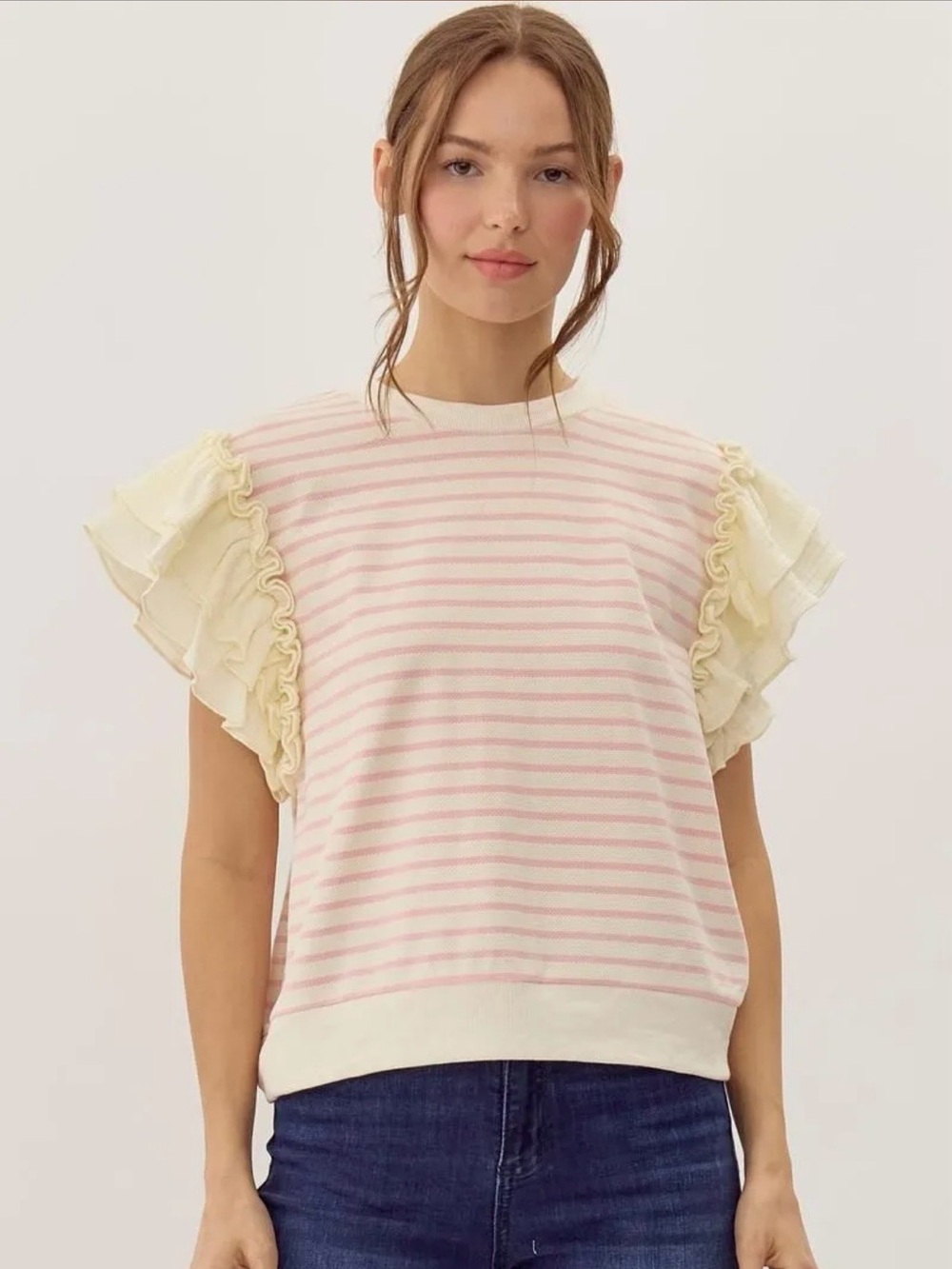 JODIFL Ruffle Sleeve Knit Top/PINK & Cream Striped/SIZE M/EUC